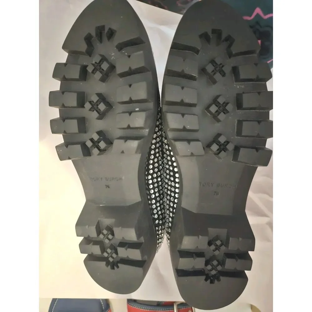 New Tory Burch Chunky Loafer Mini Everly Black Suede Crystals Lug Sole Size 7M